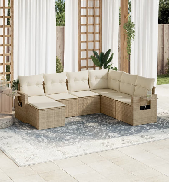 7-tlg. Garten-Sofagarnitur mit Kissen Beige Poly Rattan