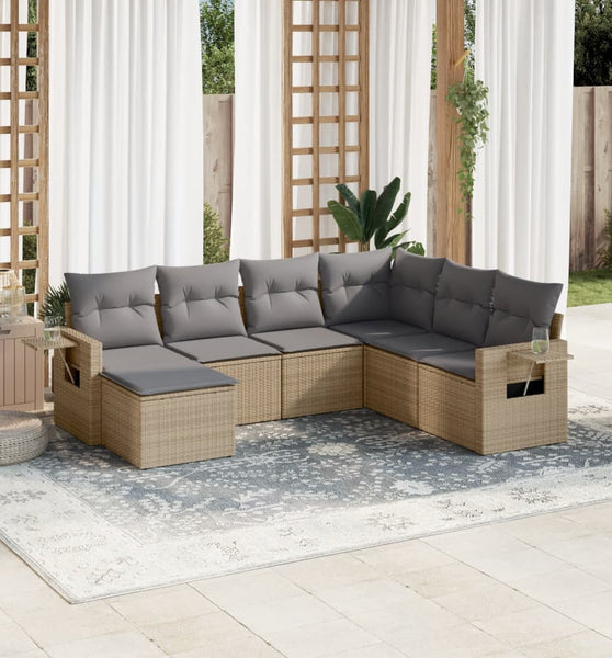 7-tlg. Garten-Sofagarnitur mit Kissen Beige Poly Rattan
