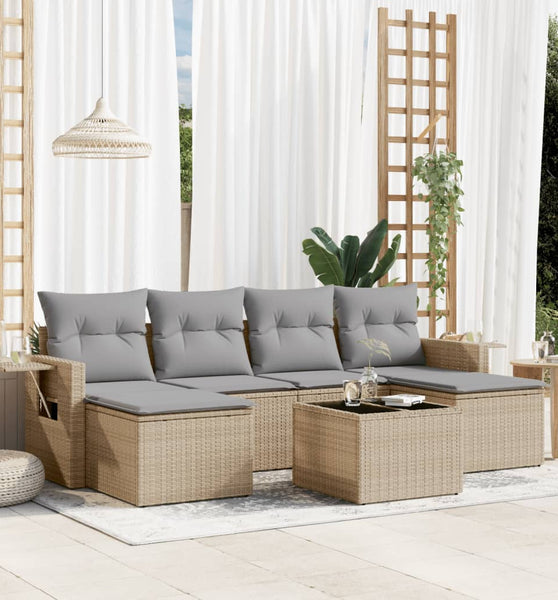 7-tlg. Garten-Sofagarnitur mit Kissen Beige Poly Rattan