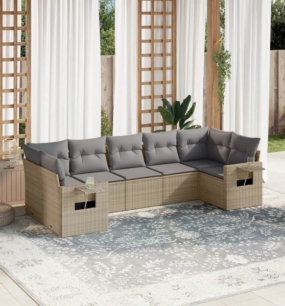 7-tlg. Garten-Sofagarnitur mit Kissen Beige Poly Rattan