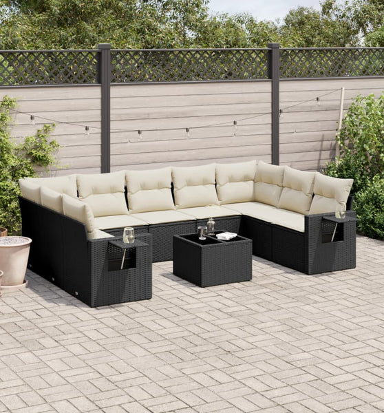 10-tlg. Garten-Sofagarnitur mit Kissen Schwarz Poly Rattan