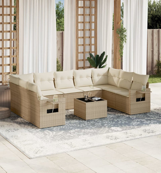 10-tlg. Garten-Sofagarnitur mit Kissen Beige Poly Rattan