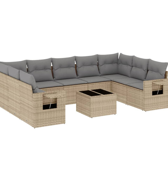 10-tlg. Garten-Sofagarnitur mit Kissen Beige Poly Rattan