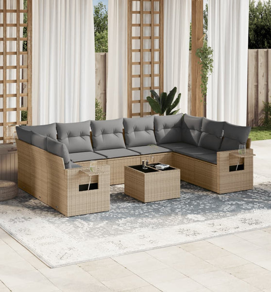 10-tlg. Garten-Sofagarnitur mit Kissen Beige Poly Rattan
