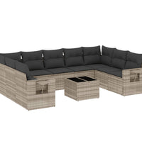 10-tlg. Garten-Sofagarnitur mit Kissen Hellgrau Poly Rattan