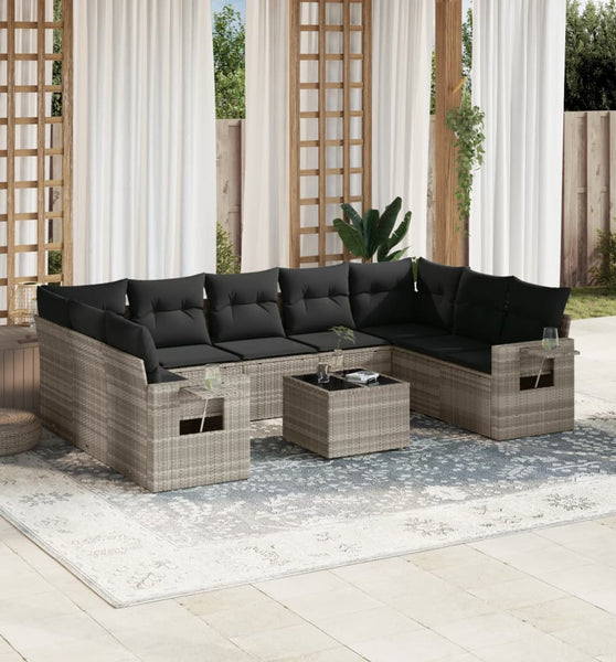 10-tlg. Garten-Sofagarnitur mit Kissen Hellgrau Poly Rattan