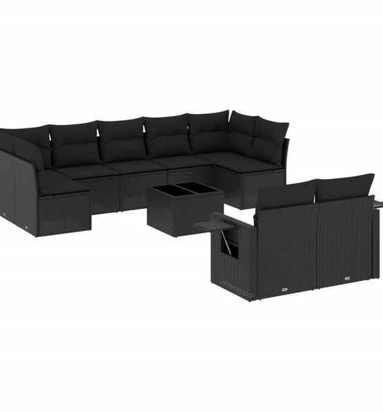 10-tlg. Garten-Sofagarnitur mit Kissen Schwarz Poly Rattan
