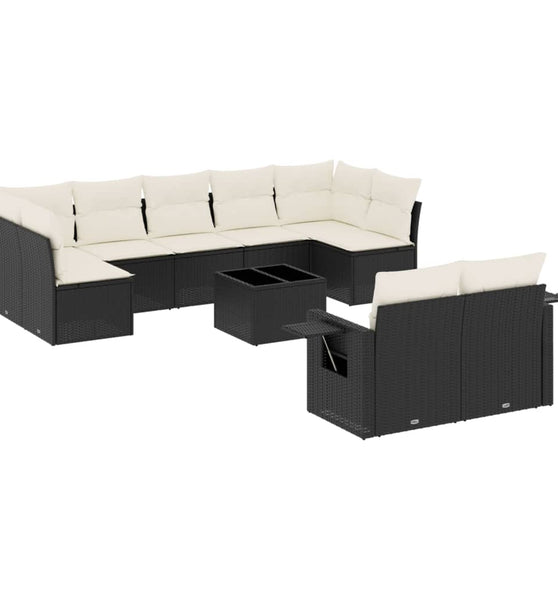 10-tlg. Garten-Sofagarnitur mit Kissen Schwarz Poly Rattan