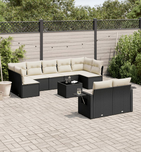 10-tlg. Garten-Sofagarnitur mit Kissen Schwarz Poly Rattan