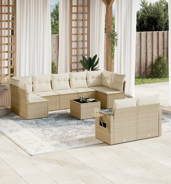10-tlg. Garten-Sofagarnitur mit Kissen Beige Poly Rattan