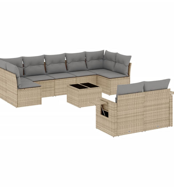 10-tlg. Garten-Sofagarnitur mit Kissen Beige Poly Rattan