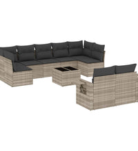 10-tlg. Garten-Sofagarnitur mit Kissen Hellgrau Poly Rattan