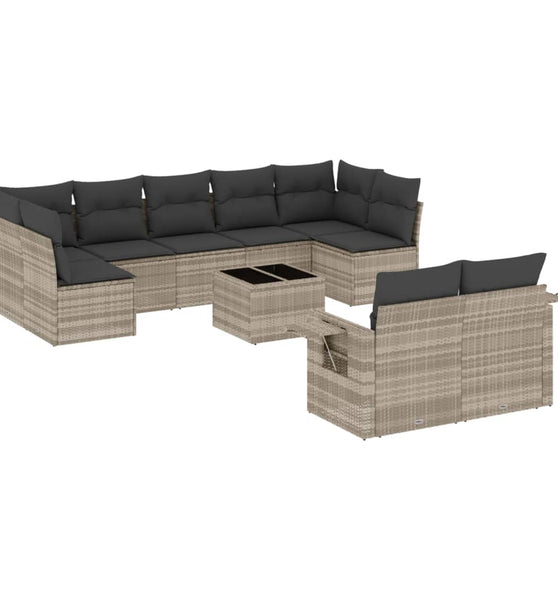 10-tlg. Garten-Sofagarnitur mit Kissen Hellgrau Poly Rattan