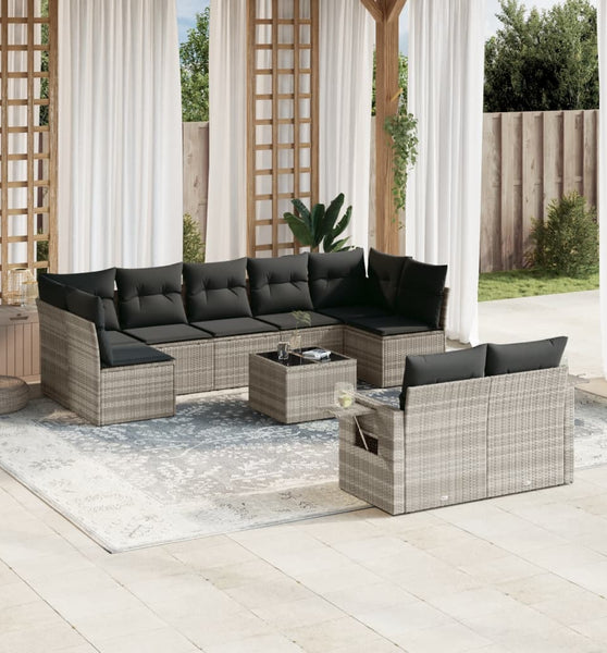 10-tlg. Garten-Sofagarnitur mit Kissen Hellgrau Poly Rattan