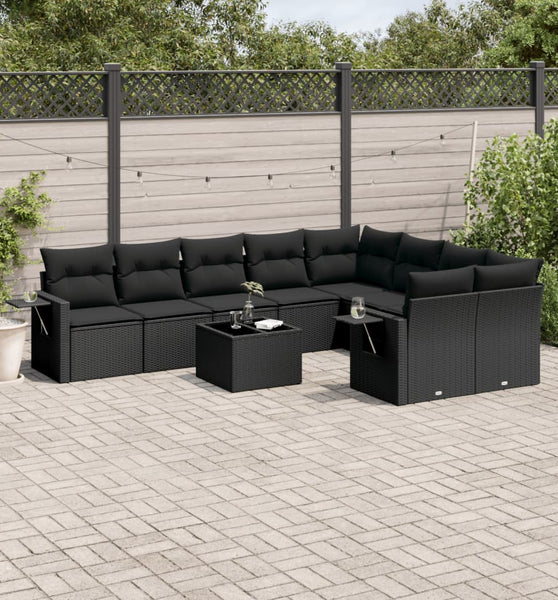 10-tlg. Garten-Sofagarnitur mit Kissen Schwarz Poly Rattan