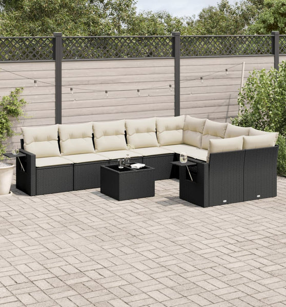 10-tlg. Garten-Sofagarnitur mit Kissen Schwarz Poly Rattan