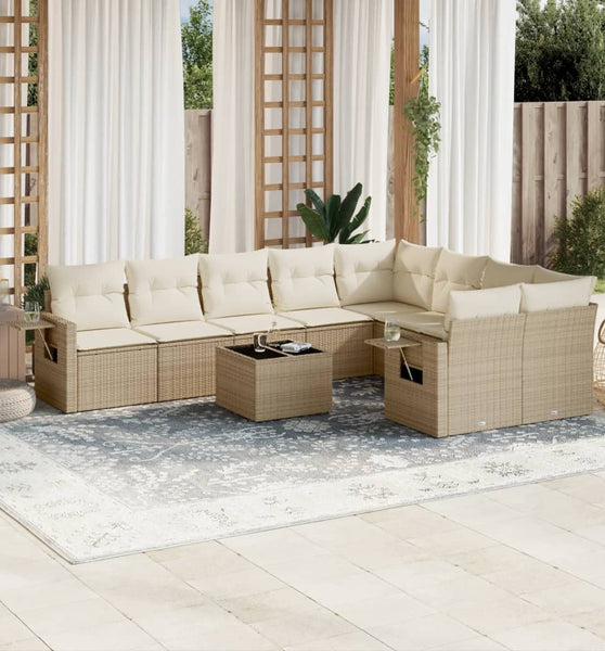 10-tlg. Garten-Sofagarnitur mit Kissen Beige Poly Rattan