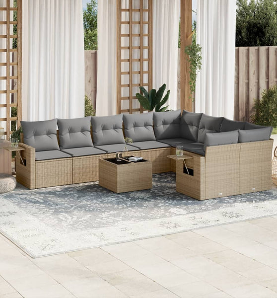 10-tlg. Garten-Sofagarnitur mit Kissen Beige Poly Rattan