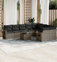 10-tlg. Garten-Sofagarnitur mit Kissen Grau Poly Rattan
