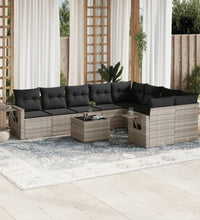 10-tlg. Garten-Sofagarnitur mit Kissen Hellgrau Poly Rattan