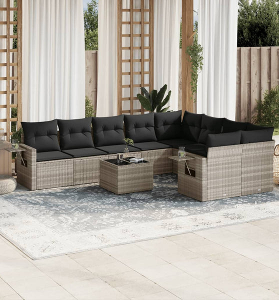 10-tlg. Garten-Sofagarnitur mit Kissen Hellgrau Poly Rattan