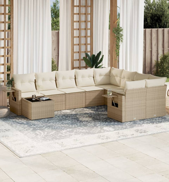 10-tlg. Garten-Sofagarnitur mit Kissen Beige Poly Rattan