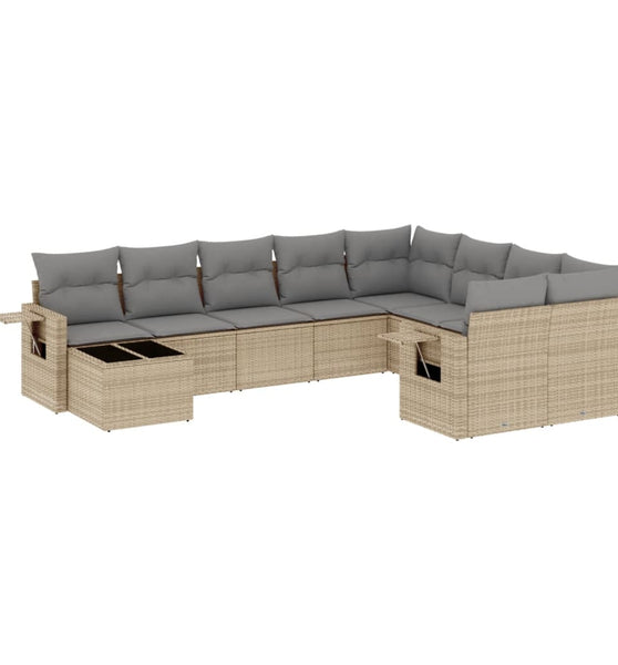 10-tlg. Garten-Sofagarnitur mit Kissen Beige Poly Rattan