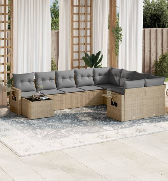 10-tlg. Garten-Sofagarnitur mit Kissen Beige Poly Rattan