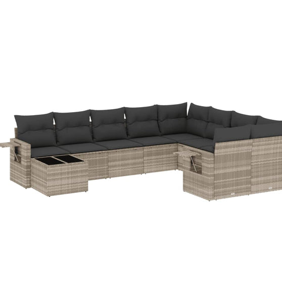 10-tlg. Garten-Sofagarnitur mit Kissen Hellgrau Poly Rattan