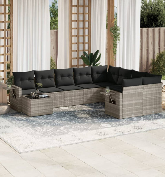 10-tlg. Garten-Sofagarnitur mit Kissen Hellgrau Poly Rattan