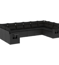 10-tlg. Garten-Sofagarnitur mit Kissen Schwarz Poly Rattan
