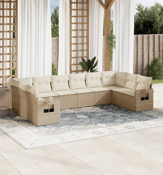 10-tlg. Garten-Sofagarnitur mit Kissen Beige Poly Rattan