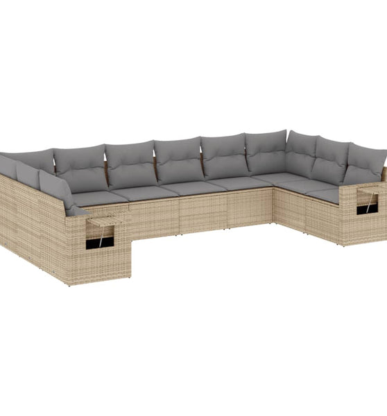 10-tlg. Garten-Sofagarnitur mit Kissen Beige Poly Rattan
