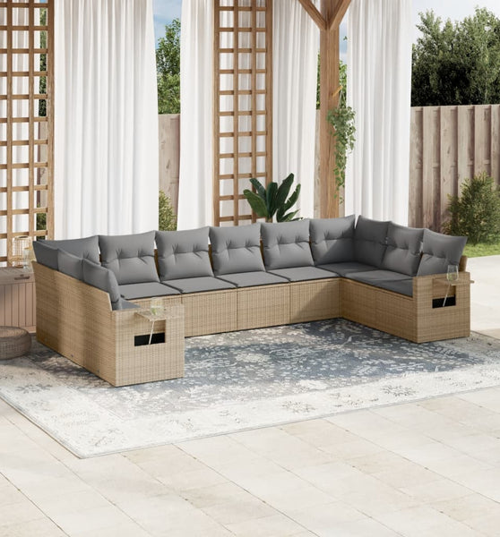 10-tlg. Garten-Sofagarnitur mit Kissen Beige Poly Rattan