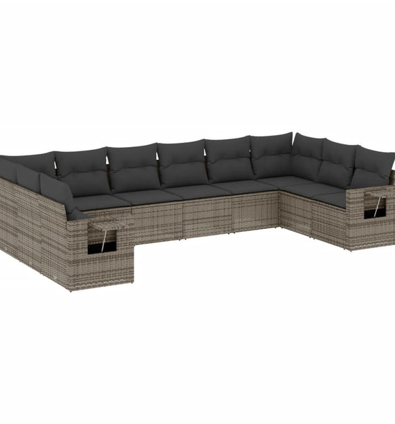 10-tlg. Garten-Sofagarnitur mit Kissen Grau Poly Rattan