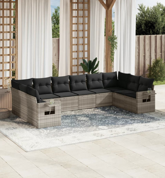 10-tlg. Garten-Sofagarnitur mit Kissen Hellgrau Poly Rattan