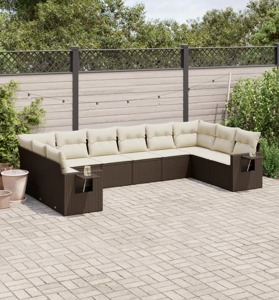 10-tlg. Garten-Sofagarnitur mit Kissen Braun Poly Rattan