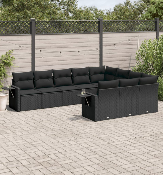 10-tlg. Garten-Sofagarnitur mit Kissen Schwarz Poly Rattan