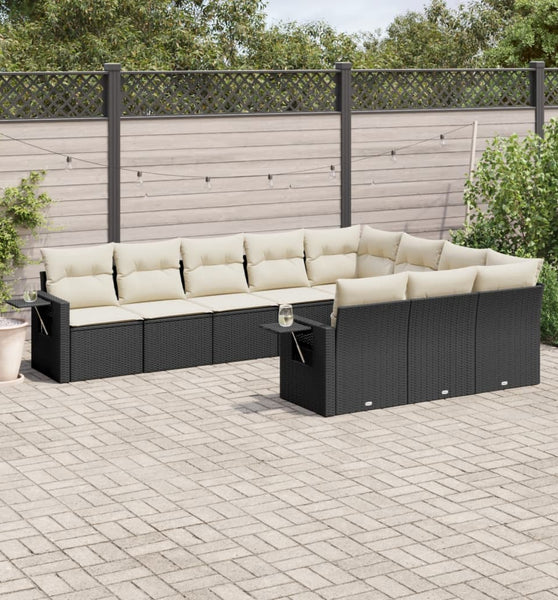 10-tlg. Garten-Sofagarnitur mit Kissen Schwarz Poly Rattan