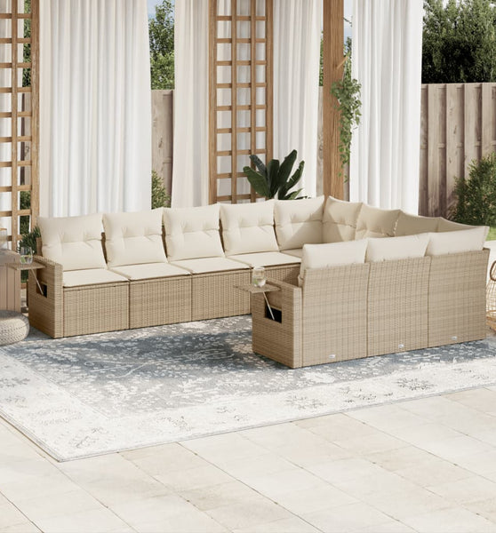 10-tlg. Garten-Sofagarnitur mit Kissen Beige Poly Rattan