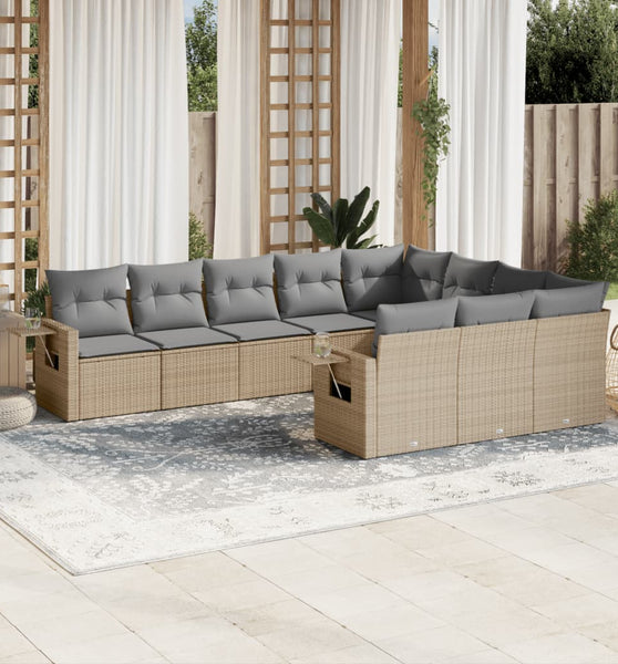 10-tlg. Garten-Sofagarnitur mit Kissen Beige Poly Rattan