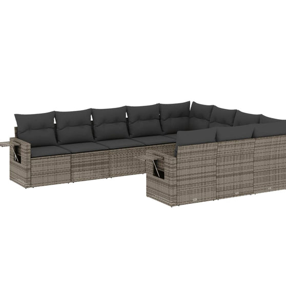 10-tlg. Garten-Sofagarnitur mit Kissen Grau Poly Rattan