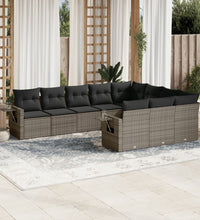 10-tlg. Garten-Sofagarnitur mit Kissen Grau Poly Rattan