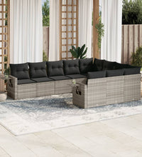 10-tlg. Garten-Sofagarnitur mit Kissen Hellgrau Poly Rattan
