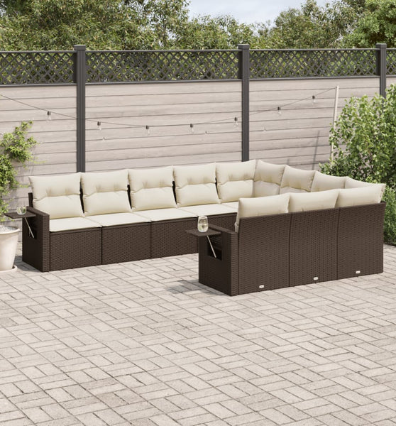 10-tlg. Garten-Sofagarnitur mit Kissen Braun Poly Rattan