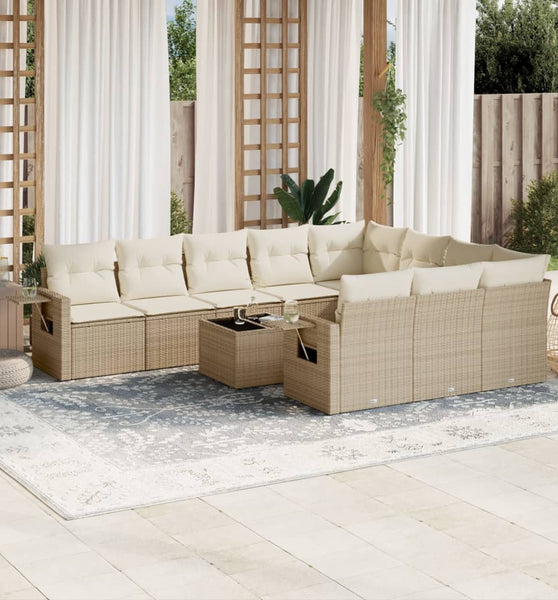 11-tlg. Garten-Sofagarnitur mit Kissen Beige Poly Rattan