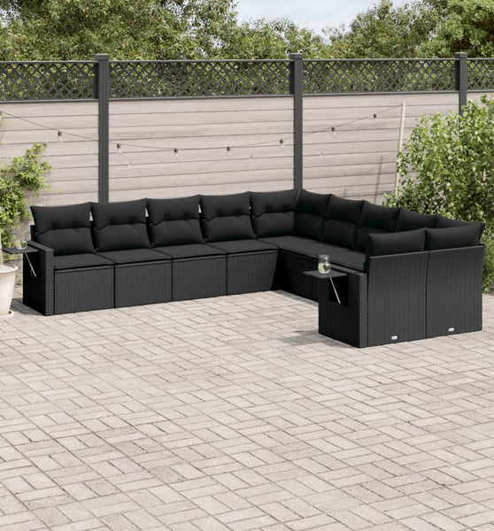10-tlg. Garten-Sofagarnitur mit Kissen Schwarz Poly Rattan