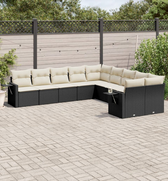 10-tlg. Garten-Sofagarnitur mit Kissen Schwarz Poly Rattan