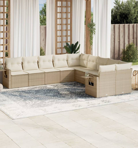 10-tlg. Garten-Sofagarnitur mit Kissen Beige Poly Rattan