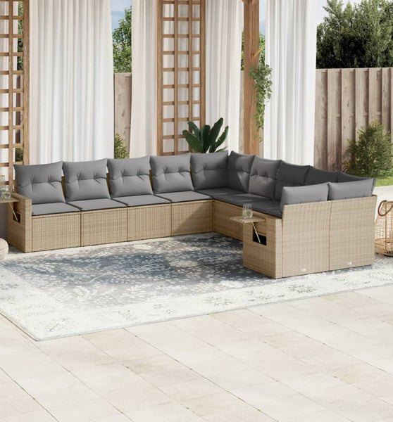 10-tlg. Garten-Sofagarnitur mit Kissen Beige Poly Rattan